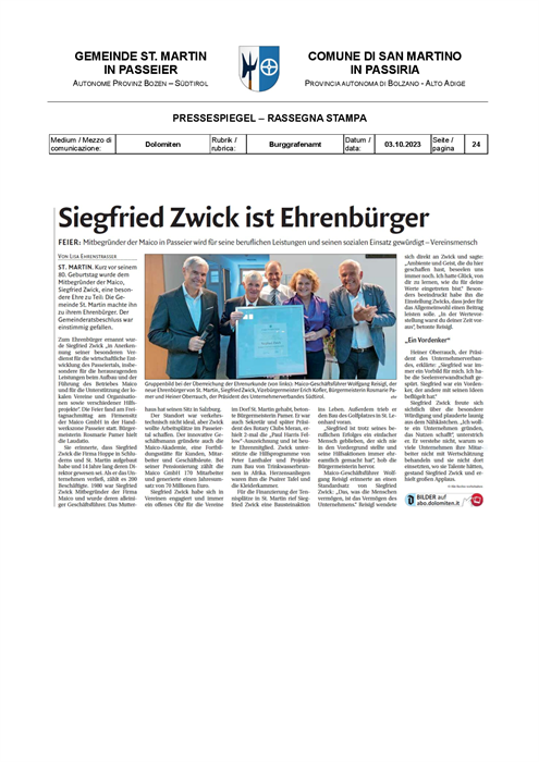 Dolomiten - Siegfried Zwick è cittadino onorario